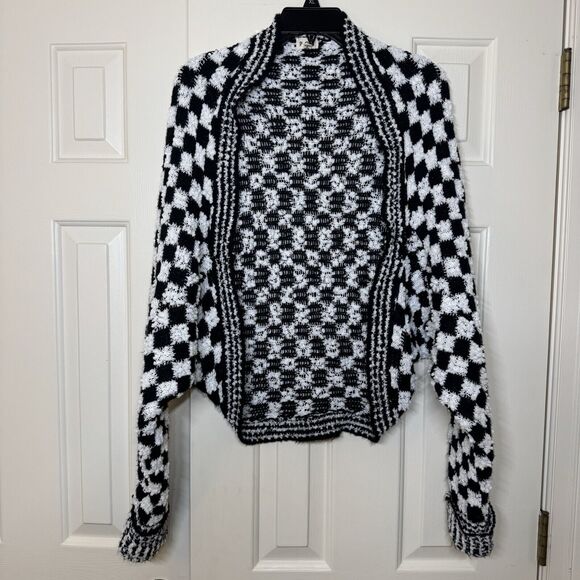 POL Open Front Knit Sweater Cardigan Black White Checkered Women’s Small - Picture 1 of 7